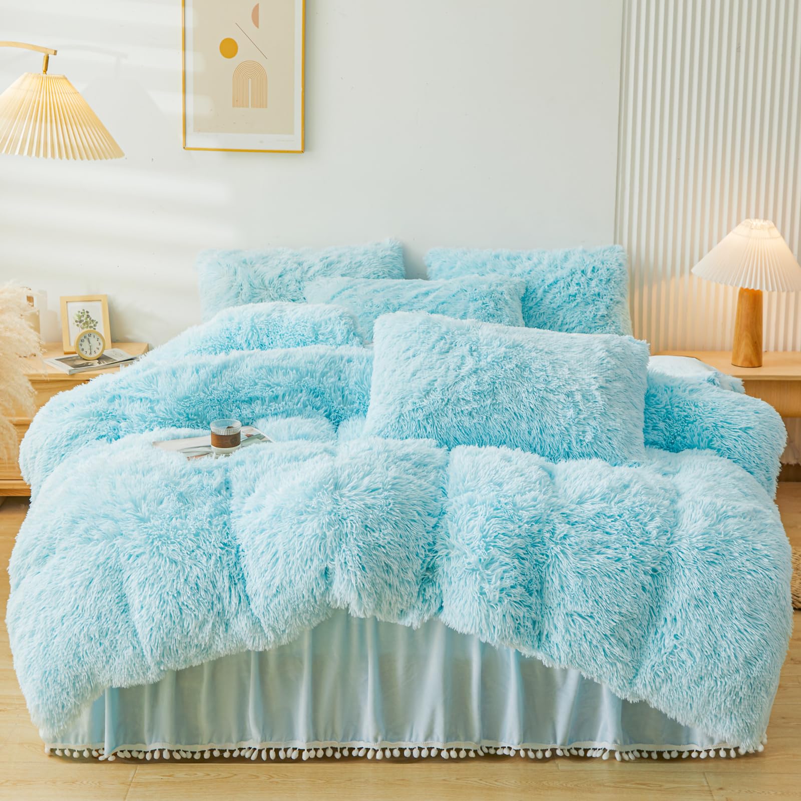 Erloxo Fluffy Blue Faux Fur Comforter Cover Set,Fluffy Fuzzy Plush Blue Bedding 3Pcs (1 Faux Fur Duvet Cover +2 Fuzzy Pillowcase